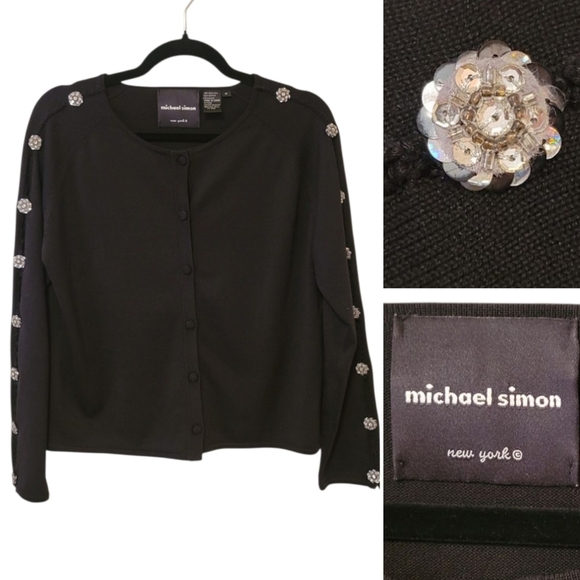 Michael Simon Silk Black Button Cardigan Sweater Embellished Rhinestone Medium - Picture 1 of 9